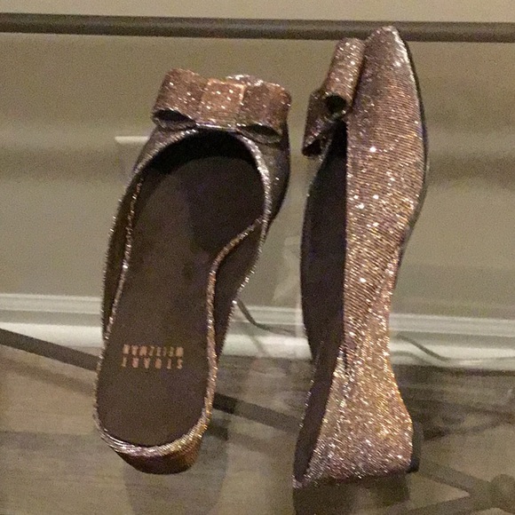 Stuart Weitzman slide Sandal Candy Silver Metallic. Glitter toe Bow Peep Toe 7N - Picture 2 of 10